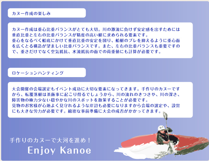 カヌー作成は重心比重バランスがとても大切。川の激流に負けず安定感を出すためには垂直比重と左右の比重バランスが精度の高い艇に求められる要素です。重心をなるべく船底にかけて垂直比重の安定を図り、船艇のブレを抑えるように重心面を広くとる構造が望ましい比重バランスです。また、左右の比重バランスも重要ですので、重さだけでなく空気抵抗、水流抵抗の面での荷重値にも計算が必要です。